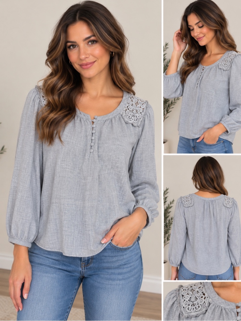 LOFT Heather Gray Blouse with‎ Crochet Details